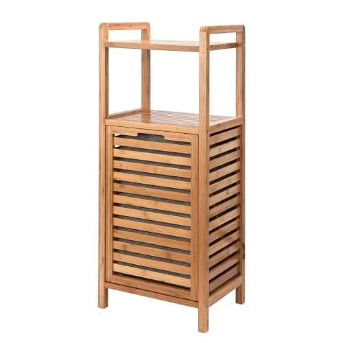 BUTLERS Bad Regal mit Wäschekorb aus Bambus - B40 x T31 x H95 cm | Badezimmer-Schrank aus Holz | praktischer Wäscheschrank und Elegante Verstauung für Handtücher