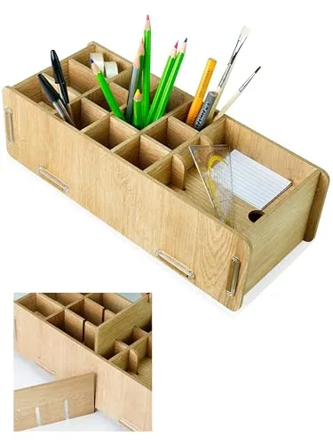 clipfritz - Stiftebox aus Holz (ca.14x32cm) Schreibtisch Stiftehalter für Kinder, Erwachsene - Stifteköcher ideal als Büro Organizer - Stiftehalter für Kinderzimmer - Stiftebehälter für Büroutensilien
