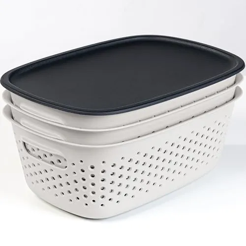 KONZEPT 3er Aufbewahrungsbox mit Deckel klein 3,5 l, Aufbewahrungskorb aus Kunststoff, Farbe weiß