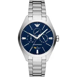 Emporio Armani Uhr Modell AR11553 - Armbanduhren mit elegantem silberfarbenem Edelstahlgehäuse und blauem Zifferblatt, ausgestattet mit Wochentags-, Datum- und Mondphasenanzeige.