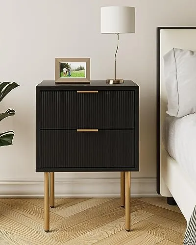 HEYZOEY Nachttisch, Nachtschrank mit 2 Schubladen, Modern Nachtkästchen, Boho Nachtkommode für Schlafzimmer, Wohnzimmer, Schwarz und Gold