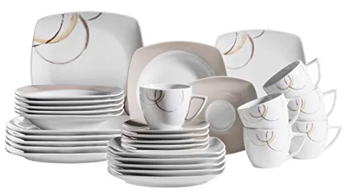 MÄSER Geschirr-Set »Nela«, 30-teilig in Beige/Braun/Weiß - Kombiservice aus hochwertigem Porzellan, mikrowellen- und spülmaschinengeeignet, ideal für stilvolle Tischdekoration und Alltag.
