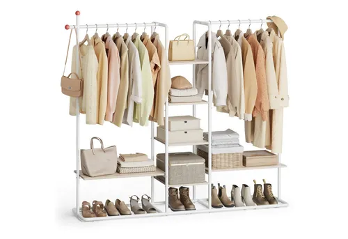SONGMICS HOME Garderobenständer mit Streichholz-Design, 6 Ablagen & 2 Kleiderstangen, Weiß - Stylischer Garderobenständer mit einzigartigem Streichholz-Design für ein individuelles Zuhause. Bietet viel Stauraum mit 2 Kleiderstangen und 6 Ablagen. Robuste Konstruktion für eine hohe Belastbarkeit von bis zu 136 kg.