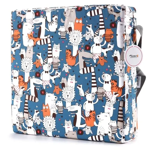 Zicac Sitzerhöhung Stuhl Kind Tragbar Cartoon Sitzkissen Design für Kinder, Abnehmbar Waschbar Kinder Sitzerhöhung Stuhl mit 2 Gurte Sicherheitsschnalle (Mattblau)