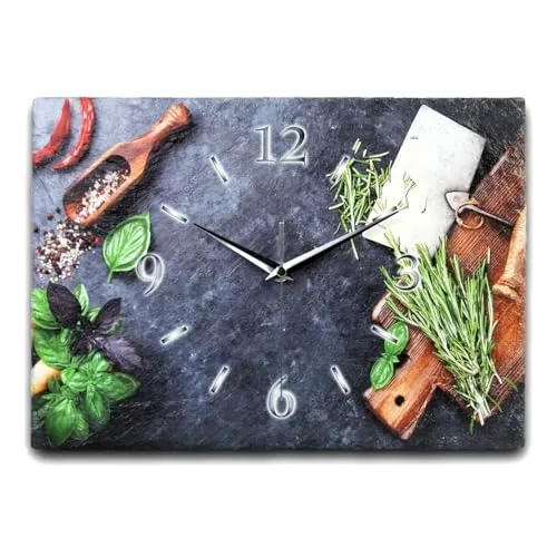 Designer-Wanduhr aus Stein (Keramik) - Flüsterleises Uhrwerk - Elegante Wanduhr in Schiefer-Optik, Größe ca. 35x25 cm, mit flüsterleisem Funkuhrwerk für ruhige Umgebungen. Perfekt für Wohnzimmer, Büro oder als Geschenk.