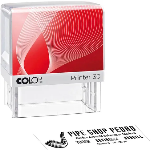 COLOP Textstempel Printer 30, individualisierbar - Selbstfärbender Stempel mit Abdruckmaß von 4,7 x 1,8 cm, ideal für individuelle Texte. Inklusive 2 austauschbaren Papier-Einlegern in rot und gelb.