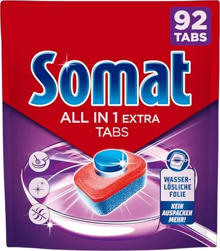 Somat All in 1 Extra Spülmaschinentabs (92 AW), Geschirrspültabs für strahlend sauberes Geschirr auch im Niedrigtemperatur-, Kurz- & Eco-Programm, entfernt Eingekrustetes, sorgt für brillanten Glanz