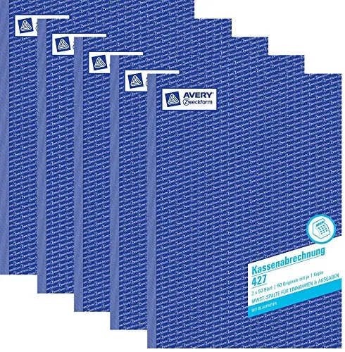 Avery Zweckform 427 Kassenabrechnung, DIN A4, mit MwSt.-Spalte für Einnahmen und Ausgaben, weiß, gelb (5er Sparpack)