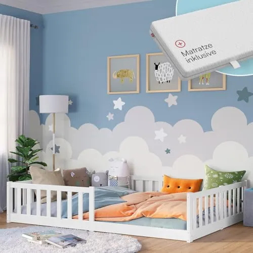 Bellabino Kinderbett Vere mit Rausfallschutz und Lattenrost – Weiß, Massivholz - Stabiles Kinderbett aus Kiefernholz mit Rausfallschutz für sicheren Schlaf. Ideal für Kinder von Geburt bis 13 Jahren, ermöglicht selbstständiges Ein- und Aussteigen.