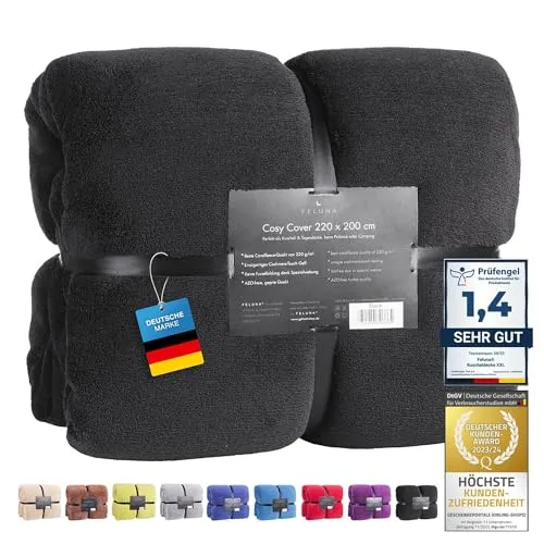 Feluna® Kuscheldecke XXL Mikrofaser-Decke Tagesdecke Wohndecke mit Kaschmir-Touch 220 x 200 cm - Schwarz