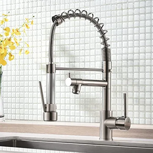 AIMADI Wasserhahn Küche Küchenarmatur mit Brause 360° schwenkbar Mischbatterie Spiralfeder Armatur Spültischarmatur Spiralfederarmatur Gebürsteter Nickel