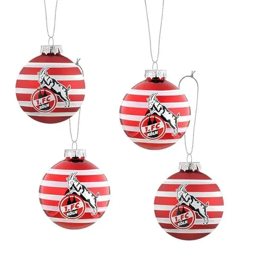 1. FC Köln Weihnachtsbaumkugeln „Ringel“ 4er Set - Klassisches 4er Set aus rot-weiß geringelten Glas-Kugeln für den Christbaum, bestehend aus 2 glänzenden und 2 matten Kugeln mit einem Durchmesser von ca. 7 cm.