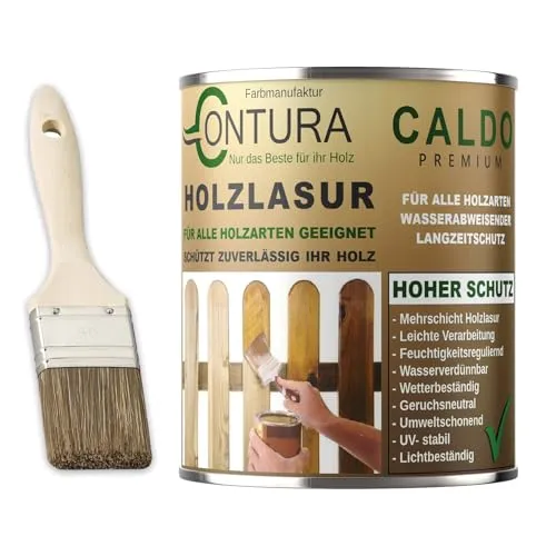 Holzlasur Dickschichtlasur 750ml Set mit Pinsel 2in1 Dauerschutzlasur Holzschutz Lasur (01 Farblos-Natur)
