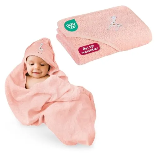 Clinotest Baby Kapuzenhandtuch Baby mit Giraffe in 80x80 cm Rosa – Oeko-Tex 100 Zertifiziert - Weiches Babybadetuch mit Kapuze – Saugfähiges Badehandtuch mit Kapuze für Babys und Kinder