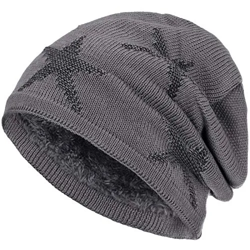 Compagno warm gefütterte Beanie Wintermütze Sternen Strickmuster mit weichem Fleece-Futter Mütze, Farbe:Grau Schwarz