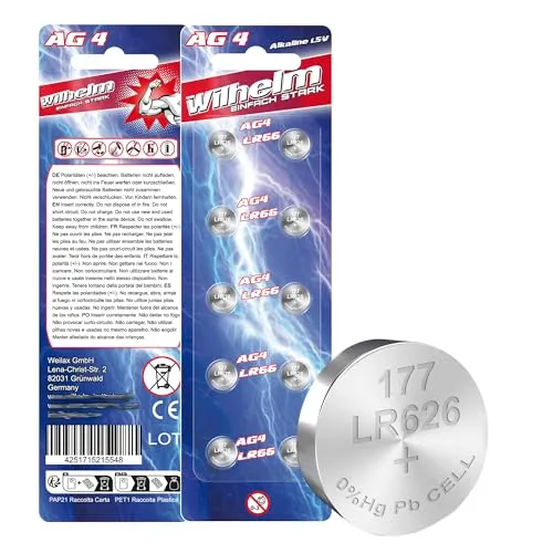 AG4 Wilhelm Cell Knopfzellen Knopfbatterien Uhrenbatterien LR626, LR66, 177, 377 1,5V… 10