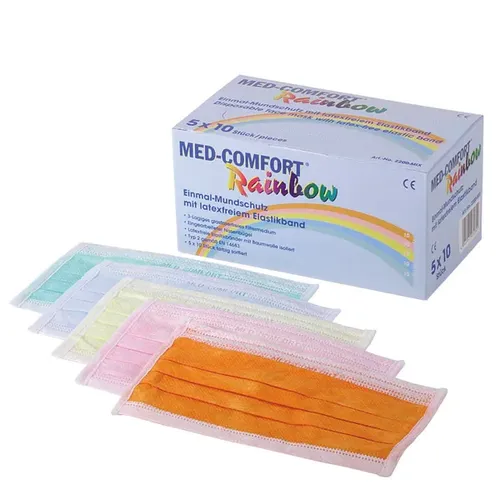 Produktbild Mundschutz Ampri Med Comfort 3-lagig Typ IIR rainbow 50 Stück mit runden, latexfreien Elastikbändern, EN 14683 02201-MIX