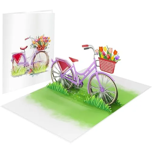LIMAH® Pop Up 3D Blumen-Fahrrad-Karte, Glückwunschkarte, Geschenkkarte, Überraschungskarte mit einem Damenrad und roten Blumen gut Kombinierbar mit einem Gutschein zum Geburtstag (Tulpen)