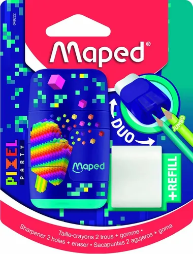 Maped Radierer Anspitzer 2in1 PIXEL PARTY - praktisches 2in1 Werkzeug für kreative Stunden und Hausaufgaben, immer griffbereit