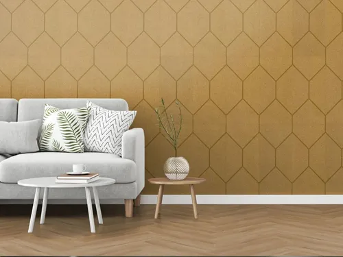 Kork Wandfliese GROOVY Safron 600 x 300 mm mit CORKGUARD Oberfläche - Elegante Kork-Paneele in der Größe 30 x 60 cm, ideal für kreative Wandgestaltungen. Mit CORKGUARD Oberfläche für erhöhte Langlebigkeit und Pflegeleichtigkeit. Perfekt für jeden Raum.