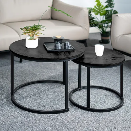 Hawthyhome Couchtisch-Set 2 Stücke aus Holz und Metall – Moderne Kaffeetische in Schwarz - Vielseitiges 2-teiliges Couchtisch-Set mit modernem Design. Robuste Materialien garantieren Langlebigkeit und einfache Pflege. Ideal für Wohnzimmer und Schlafzimmer – platzsparend und funktional.