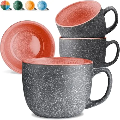 Cosumy Cappuccinotasse 4er Set aus Keramik - 350ml, Warm Rot - Thermobehälter, dickwandige Kaffeetassen mit reaktiver Glasur, ideal für Cappuccino und Heißgetränke, modernes Design, spülmaschinengeeignet.
