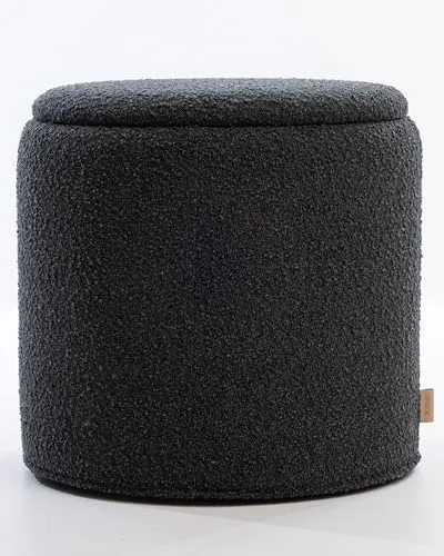 SIX Runder Polsterhocker mit Stauraum - Stilvoller Hocker mit Stauraum und Tablettfunktion - ideal für Decken und Kissen. Langlebiger Bouclé-Stoff und stabiler Holzrahmen, bis 150 kg belastbar. Perfekte Ergänzung für Wohnzimmer und Schlafzimmer.