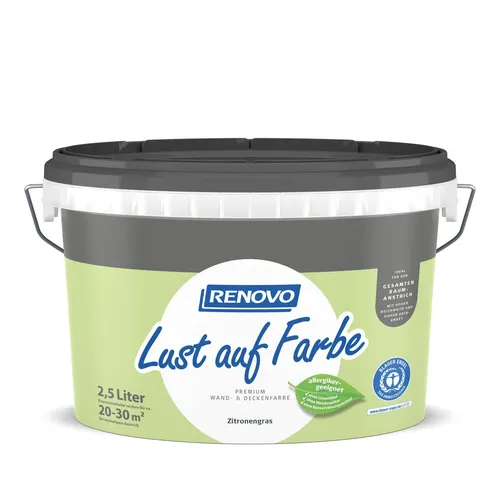 Renovo Lust auf Farbe - Trendfarbe Zitronengrass 2,5 L - Premium-Dispersionsfarbe für Wand- und Deckenflächen, bietet eine matte Oberfläche und verleiht jedem Raum eine frische Note.
