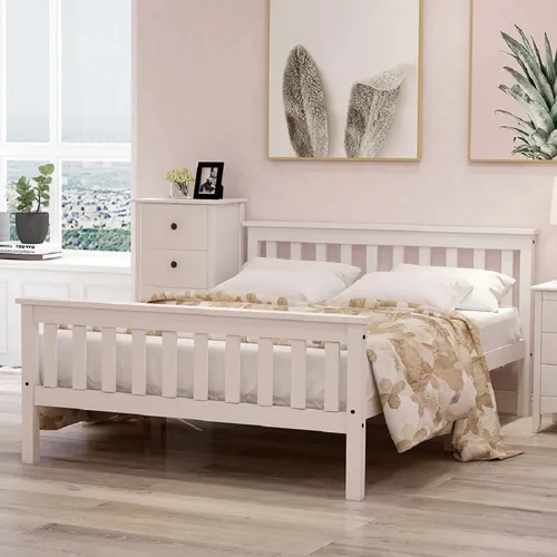 Merax Doppelbett 140 x 200cm - Massivholzbett mit Kopfteil und Lattenrost - Klassisches Massivholzbett aus Kiefer, stabil und elegant, mit 30 cm Stauraum unter dem Bett. Ideal für ein gemütliches Schlafzimmer und bietet eine komfortable Liegefläche von 140 x 200 cm.