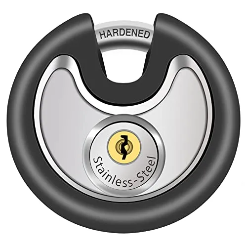 Scheiben-Vorhängeschloss mit Schlüssel – robustes Edelstahl-Schließfachschloss mit schwarzer Gummi-Ummantelung