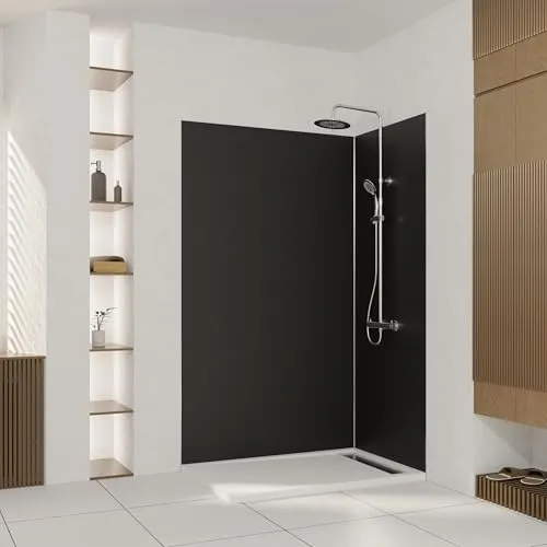 Marwell Urbanox Wandpaneel - fugenlose Aluverbundplatte als Duschrückwand & Küchenrückwand (Schwarz, 90 + 120 x 210 cm inkl. Profil silber)