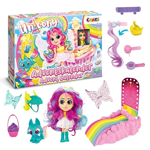 CRAZE UNICORY - Spielzeug Adventskalender Kinder mit Puppen, Einhorn Spielzeug Weihnachtskalender für Mädchen mit 24 Spielzeugüberraschungen