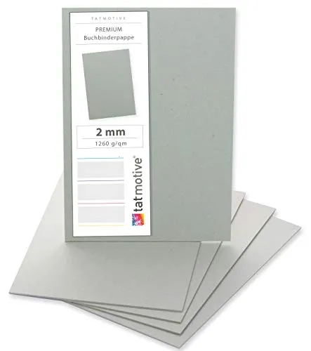 TATMOTIVE PREMIUM Buchbinderpappe 50 Stück DIN A4, 2mm 1260 g/qm Modellbaupappe, Bastelkarton, Graupappe