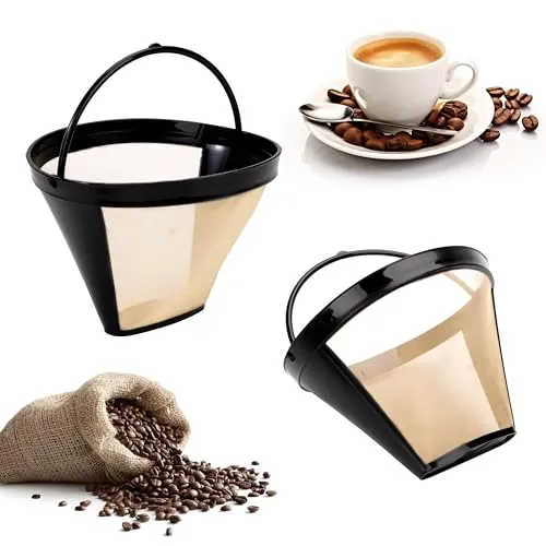Kaffeefilter Wiederverwendbar Kaffeefilter Edelstahl Kaffee Dauerfilter Größe 4 100 Mesh Waschbar mit Griff für 8-12 Tassen Kaffee Golden 2 Stücke