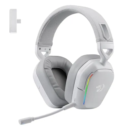 Redragon H868 Kabelloses RGB-Gaming-Headset, 7.1 Surround Sound, 40-mm-Treiber, Ohrpolster aus Lederschaumstoff, Mikrofon mit Geräuschunterdrückung, Over-Ear-Kopfhörer für Handy, PC/PS5/XBOX/NS, Weiß