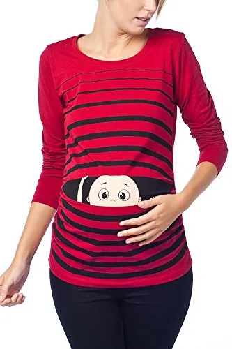 Witzige Umstandsmode Langarm T-Shirt mit Motiv - Weinrot (Small) - Modisches Langarm-T-Shirt mit seitlichen Raffungen für optimalen Tragekomfort während der Schwangerschaft. Ideal als Geschenk für werdende Mütter! Perfekt für jeden Anlass in der Maternity-Mode.