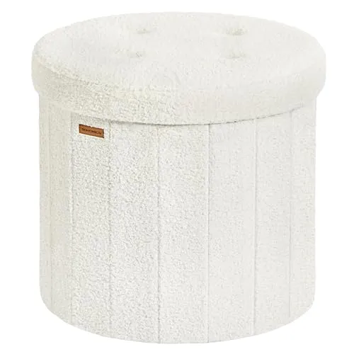 SONGMICS Mazie Kollektion – Sitzhocker rund, Fußhocker mit Stauraum, Faltbarer Hocker mit abnehmbarem Deckel, einfache Montage, Fleece, Wohnheim, Schlafzimmer, Wohnzimmer, cremeweiß LSF606W01