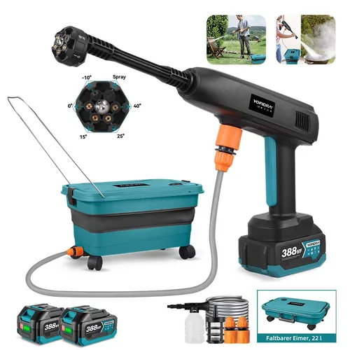 Akku-Hochdruckreiniger 45 Bar Mobiler Hochdruckreiniger mit 2x Akkus, 6-in-1 Düse, 336l/h Druckreiniger für Autos,Terrasse,Fenste,Garten