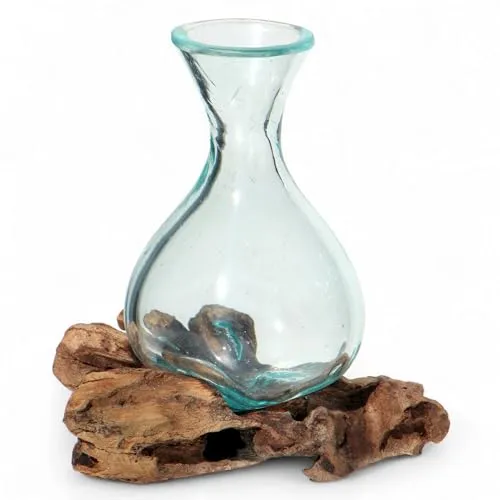 Wogeka - Mini Glas Vase auf Wurzel-Holz - Höhe 14 cm handgemacht als Geschenk-Idee zur Dekoration Karaffe XS