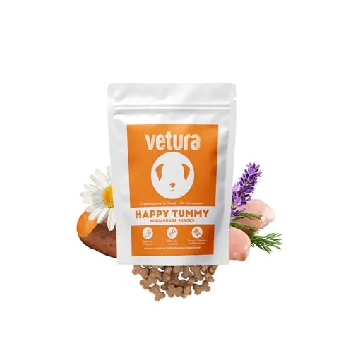 Vetura Happy Tummy | Probiotika Snacks für Hunde & Katzen | Snacks mit Probiotika & Präbiotika | Getreidefrei | Mit Kamille, Süßkartoffel & MOS | Für eine ausgewogene Verdauung | 80 Leckerlis