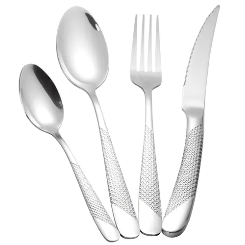 24-teiliges gehämmertes Besteckset, 18/10 Edelstahlbesteck, Besteckset für 6 Personen, Messer-Gabel-Löffel-Set (Silber)