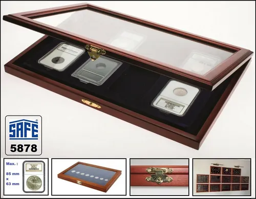 Holz-Münzvitrine mit 15 Fächern für 50 mm Münzrähmchen