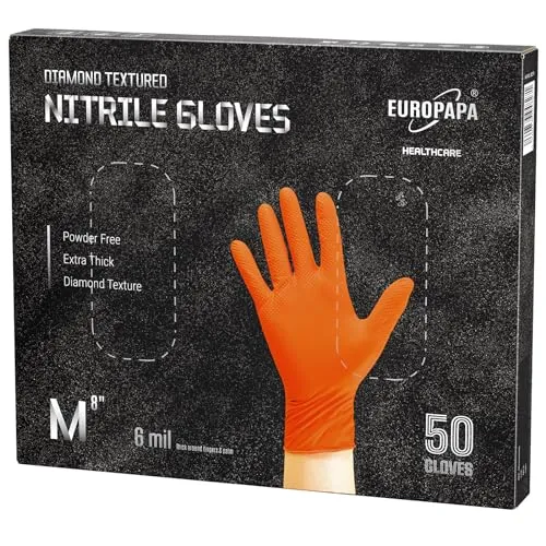 EUROPAPA® 50x extra Dicke Nitrilhandschuhe DiamantGrip Diamant Perfect Grip Einweghandschuhe Montageschutzhandschuhe puderfreier latexfreier Arbeitshandschuhe (6 mil, M, Orange)