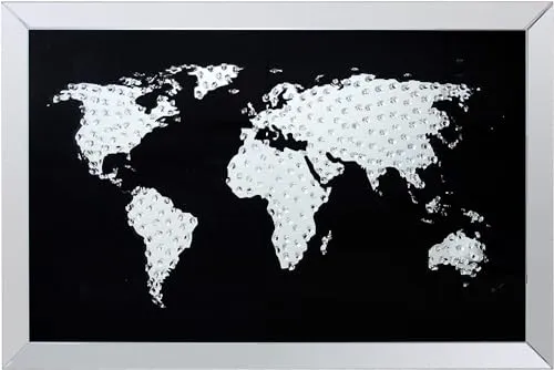 Stephans Möbelbörse Glasbild Weltkarte - Kristall Wandspiegel 90x60cm - Dekorative Wandspiegel mit exklusivem Design aus hochwertigem Glas und Kristallen, ideal als stilvolles Accessoire für jeden Raum.