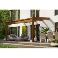 Terrassenüberdachung SKAN HOLZ Novara 450x359 cm - Nussbaum - Markisen & Terrassenüberdachungen, stilvolle Holzüberdachung mit Pfostenlaschen für optimalen Schutz und gemütliche Stunden im Freien.