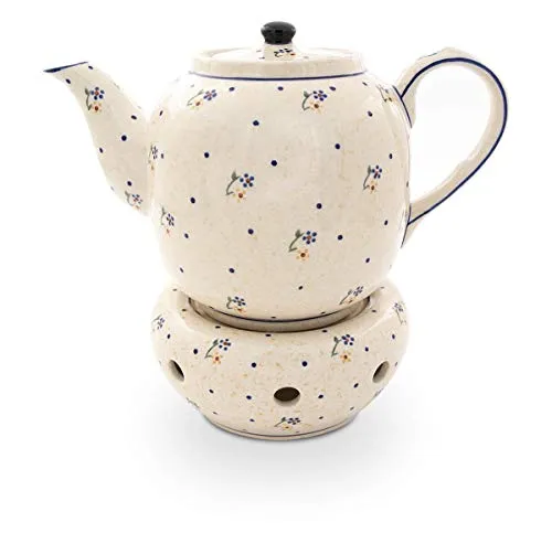 Original Bunzlauer Keramik Teekanne mit bauchigem Stövchen 1.5 Liter im Dekor 111