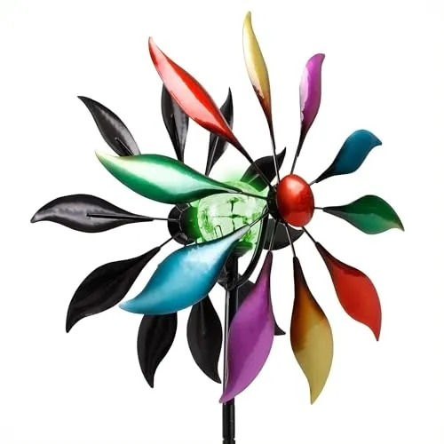Metall Doppel Windrad mit Solar LED Glaskugel - Ø 38 cm - Windspiele für den Garten mit farbenfroher Lichtshow, wetterfest und ideal für stimmungsvolle Akzente in Ihrem Beet.