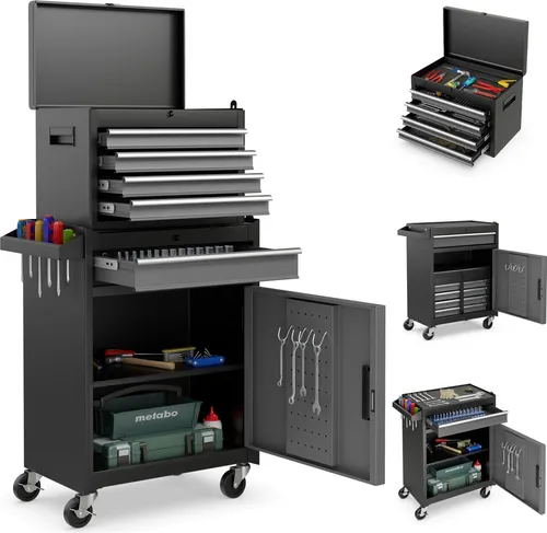 COSTWAY 2in1 Werkstattwagen mit Koffer, 8 Fächer, Haken, Rollen & verstellbarem Regal, Werkzeugwagen abschließbar bis 100kg ohne Werkzeug 59x28x102cm