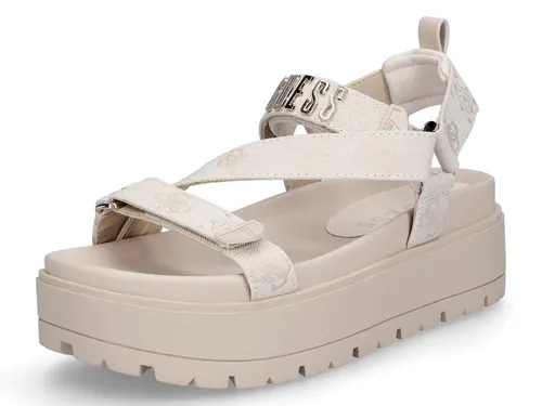 Guess Damen Sandale Fetta beige - Bequeme Guess Pantolette aus Textil in Beige mit 5,5 cm Plateausohle und zwei praktischen Klettverschlüssen für einen individuellen Sitz. Ideal für den Sommer!