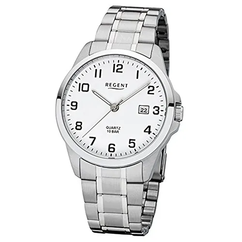 Regent Herren Analog Uhr 11150641 - Edelstahl Armbanduhr mit 10 Bar wasserdicht, ideal zum Schwimmen und Schnorcheln. Ausgestattet mit Datumsanzeige und Leuchtzeigern für optimale Ablesbarkeit.